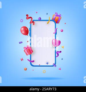 3D Party Confetti on Mobile Phone. Render Plasticine Confetti on Smartphone. Colorful Firecracker Elements in Various Shapes. Party Holyday Surprise or Birthday Events. Vector Illustration. 3D Party Confetti on Mobile Phone Stock Vector