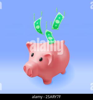 3D Piggy Bank with Dollars Isolated. Render Plastic Piggy Bank for Money. Moneybox in Form of Pig. Concept of Cash Money, Business Deposit Investment, Financial Savings. Vector Illustration. 3D Piggy Bank with Dollars Stock Vector