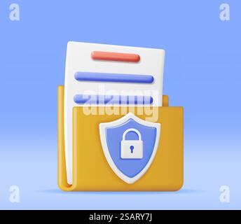 3D Document Folder with Padlock in Shield Isolated. Render Folder and Pad Lock. Concept of Business Security, Data Protection and Confidentiality. Safety, Encryption and Privacy. Vector Illustration. 3D Document Folder with Padlock in Shield Stock Vector