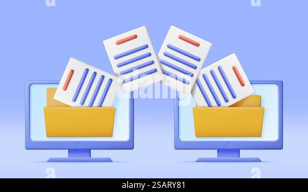 3D Business Folder Full of Papers on Computer. Render Yellow Folder for Correspondence, Concept of File Transfer, Document Migration, Remote Access to Encrypted Documents. Vector Illustration. 3D Business Folder Full of Papers on Computer Stock Vector