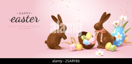 3d Easter banner with chocolate rabbits and beautiful painted eggs. Concept of Easter egg hunt or egg decorating art. Stock Vector