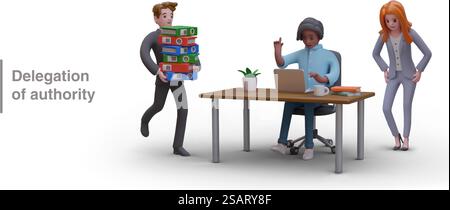 Delegation of authority. Vector composition with 3D characters. Workplace in office. Man runs with stack of folders, woman thinks, guy presses keys on laptop. Delegation of authority. Vector composition with 3D characters. Workplace in office Stock Vector