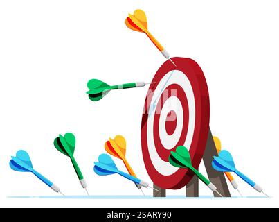 Many darts missed target mark. Multiple failed inaccurate attempts arrows to hit target. Business challenge failure, shot miss, failed achievement or goal. Flat vector illustration. Many darts missed target mark. Stock Vector