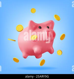 3D Piggy Bank with Coins Isolated. Render Plastic Piggy Bank for Money. Moneybox in Form of Pig. Concept of Cash Money, Business Deposit Investment, Financial Savings. Vector Illustration. 3D Piggy Bank with Coins Stock Vector