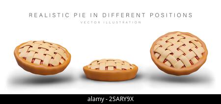 Realistic pie in different positions. Tasty round pie with fruit filling. Model for modern bakery. 3d bread concept. Vector illustration in 3d style with place for text. Realistic pie in different positions. Tasty round pie with fruit filling Stock Vector