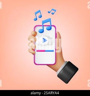 3D Hand with Music Cloud Note in Mobile Phone. Render Smartphone Streaming Music Platform Icon. Modern Music Service. Note Realistic Design. Musical Note, Sound Song or Noise Sign. Vector illustration. 3D Hand with Music Cloud Note in Mobile Phone Stock Vector