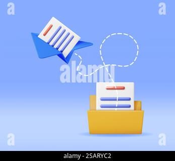 3D Business Folder Full of Papers and Paper Plane. Render Folder for Correspondence with Airplane. File Transfer, New or Unread Email. Message, Contact, Letter and Document. Vector Illustration. 3D Business Folder Full of Papers and Paper Plane Stock Vector