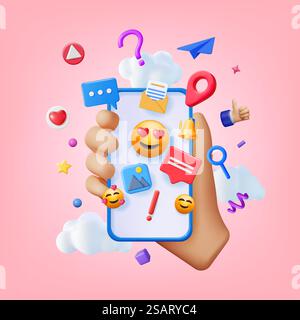 3D Social Media Concept Isolated. Render Smartphone with Colorful Social Network Icon. Chat Bubble, Like Button, Exclamation Question Mark, Notification Bell. Online Communication. Vector Illustration. 3D Social Media Concept Isolated. Stock Vector