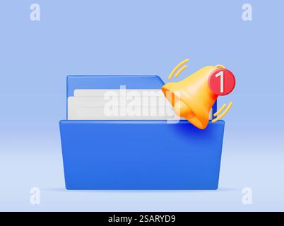3D Document Folder with Notification Bell. Golden Render Ringing Bell and Ring Binder. File for Paper Documents. Alert and Alarm Symbol. Social Media Network Notification Reminder. Vector Illustration. 3D Document Folder with Notification Bell Stock Vector