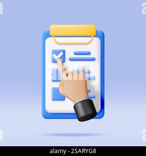 3D Paper Clipboard with Checklist Symbol and Hand. Render Clipboard with Paper Sheet and Check Mark Icon. 3D Work Project Plan, Productivity Checklist. Task Management To Do List. Vector Illustration. 3D Paper Clipboard with Checklist Symbol and Hand Stock Vector