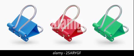 Set of realistic binder clips of different colors. Stationery for neat storage of documents and papers. Isolated vector icons. Fixation, attachment, binding. Set of realistic binder clips of different colors. Stationery for neat storage of documents Stock Vector