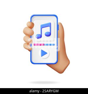 3D Hand with Music Cloud Note in Mobile Phone. Render Smartphone Streaming Music Platform Icon. Modern Music Service. Note Realistic Design. Musical Note, Sound Song or Noise Sign. Vector illustration. 3D Hand with Music Cloud Note in Mobile Phone Stock Vector