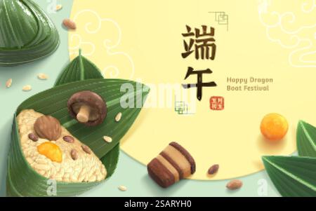 Top view of zongzi and ingredients scattered on the desk. Banner for Duanwu Festival in 3d style. Chinese translation: Dragon Boat Festival on the 5th day of the fifth lunar month. 3d Duanwu Festival food banner Stock Vector
