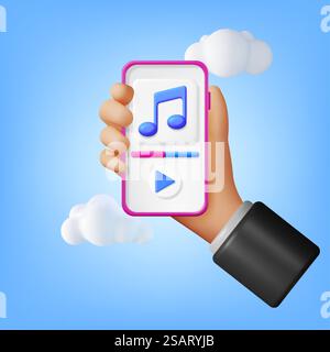 3D Hand with Music Cloud Note in Mobile Phone. Render Smartphone Streaming Music Platform Icon. Modern Music Service. Note Realistic Design. Musical Note, Sound Song or Noise Sign. Vector illustration. 3D Hand with Music Cloud Note in Mobile Phone Stock Vector