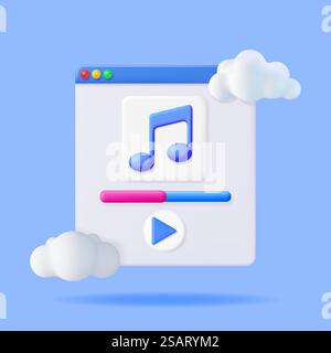 3D Music Note in Cloud in Browser Window. Render Streaming Music Platform Icon. Modern Music Cloud Service Symbol. Note Realistic Design. Musical Note, Sound, Song or Noise Sign. Vector illustration. 3D Music Note in Cloud in Browser Window Stock Vector