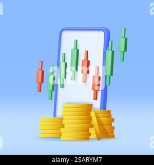 3D Growth Stock Diagram on Mobile Phone. Render Stock Candle on Smartphone Shows Growth or Success. Financial Item, Business Investment, Financial Market Trade. Money and Banking. Vector Illustration. 3D Growth Stock Diagram on Mobile Phone Stock Vector