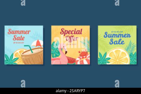 Summer square web banner template Stock Vector