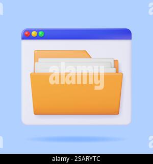 3D Desktop Interface Window with File Folder Isolated. Render Yellow Folder for Correspondence, File for Paper Documents. Open Folder Icon, Manila Archive Case or Ring Binder. Vector Illustration. 3D Desktop Interface Window with File Folder Stock Vector