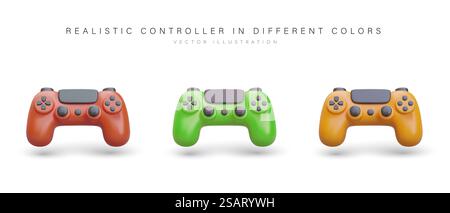 Set of modern game controllers. Realistic image of computer device. Gadgets in different colors. Controller with buttons, regulators. Vector console gamepad. Set of modern game controllers. Realistic image of computer device Stock Vector