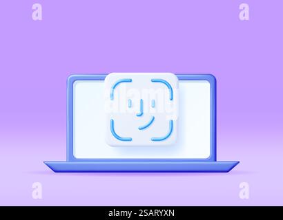 3D Face Recognition Icon on Laptop Isolated. Render Notebook with Biometric Face ID Recognition. Unlock via Face Scan System Concept. Cyber Security and Data Protection. Vector Illustration. 3D Face Recognition Icon on Laptop Stock Vector