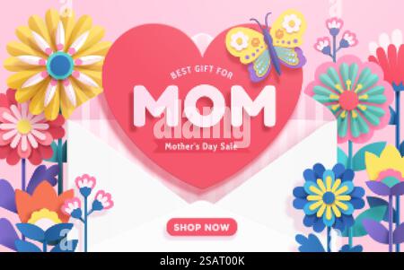 Mother&rsquo;s Day sale template designed in paper cut style on pink background. An opened envelope surrounded by colorful origami flowers sends love as the best gift for mothers.. Envelope of love circled by flowers Stock Vector