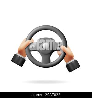 3D Car Steering Wheel in Hands Isolated. Render Black Automobile Steering Wheel with Vehicle Horn and Buttons. Control Drive and Turn. Game Console in Shape of Steering Wheel. Vector Illustration. 3D Car Steering Wheel in Hands Isolated. Stock Vector