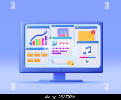 3D Monitor Application Windows Interface Isolated. Render Computer Software User Interface. UI Search, Music, Browser, Financial Calculator, File Manager Mail Notification Windows. Vector Illustration. 3D Monitor Application Windows Interface Stock Vector