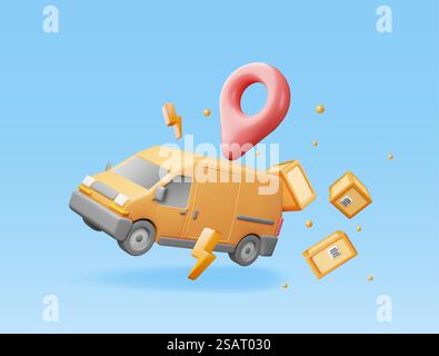 3D Delivery Van and Cardboard Boxes Isolated on White. Render Express Delivering Services Commercial Truck. Concept of Fast and Free Delivery by Car. Cargo and Logistic. Realistic Vector Illustration. 3D Delivery Van and Cardboard Boxes Stock Vector