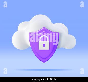 3D White Cloud with Locked Padlock. Render Cloud with Pad Lock Icon. Concept of Cloud Data Protection, Security and Confidentiality. Safety, Encryption and Privacy. Vector Illustration. 3D White Cloud with Locked Padlock. Stock Vector