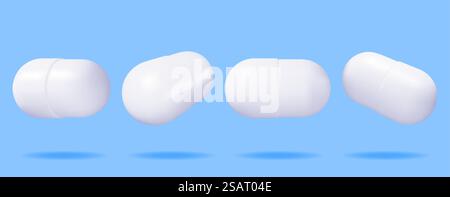 3D Classic Capsule Pills from Different Angles Collection. Render Capsule Tablets Set. Pill for Illness and Pain Treatment. Medical Drug, Vitamin, Antibiotic. Healthcare Pharmacy. Vector Illustration. 3D Classic Capsule Pills from Different Angles Stock Vector