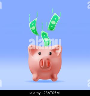 3D Piggy Bank with Dollars Isolated. Render Plastic Piggy Bank for Money. Moneybox in Form of Pig. Concept of Cash Money, Business Deposit Investment, Financial Savings. Vector Illustration. 3D Piggy Bank with Dollars Stock Vector