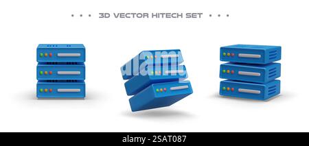Realistic blue server in different positions with shadows. Data center. Storage and processing of information. Set of vector icons. Isolated images on white background. Realistic blue server in different positions with shadows. Data center Stock Vector