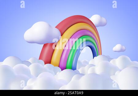 3d Cartoon Rainbow with Clouds Background. Render Minimal Rainbow in Cloud Art Element. Plastic Children Toy. Realistic Kids Decoration. Vector illustration.. 3d Cartoon Rainbow with Clouds Stock Vector