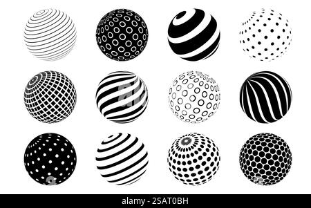 Vector abstract spheres silhouettes with dots and stripes for logo and web designs. Halftone black and white balls with different texture isolated on white background Stock Vector