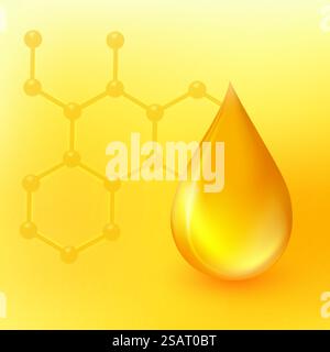 Oil drop vector illustration. Realistic 3d liquid droplet and dna molecule symbol isolated on yellow background. Golden collagen essence. Industrial and petroleum concept. Omega 3 icon. EPS10 Stock Vector