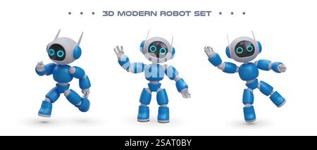 Set of realistic robots. Droid in different positions. Cyborg runs, stands, falls. Color illustrations on white background. Chatbot icons. Assistant with artificial intelligence. Set of realistic robots. Droid in different positions. Cyborg runs, stands, falls Stock Vector