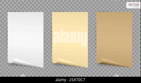 Vector set of sheets of paper with curled corner. White, beige and brown vintage parchment. Vector illustration EPS10 Stock Vector