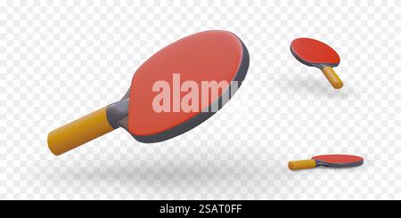 3D red racket for table tennis. Paddle for ping pong. Set of vector illustrations. Colored sports icons. Object in different positions. Game on coordination of movements. 3D red racket for table tennis. Paddle for ping pong. Set of vector illustrations Stock Vector