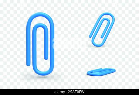 Realistic blue plastic paper clip. Stationery. Collection of pages, organization of archival documents. Item in different positions. Set of vector icons. Realistic blue plastic paper clip. Stationery. Collection of pages, organization of documents Stock Vector
