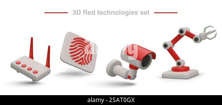 Modern technologies, set of 3D images. Router, scanned fingerprint, surveillance camera, programmable manipulator. Red isolated illustration on white background. Modern technologies, set of 3D images. Router, fingerprint, camera, programmable manipulator Stock Vector
