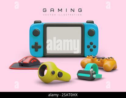 Gaming concept. Computer accessories on colored background. Gadgets for virtual reality, simulations, video games. Electronic sports. Modern entertainment technologies. Vector poster. Gaming concept. Computer accessories on colored background Stock Vector