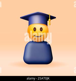 3D Happy Smiling Emoticon in Graduate Cap Isolated. Render Smile Student in Graduation Hat. Mortarboard Hat with Tassel. Education, Degree Ceremony Concept. Vector Illustration. 3D Happy Smiling Emoticon in Graduate Cap Stock Vector