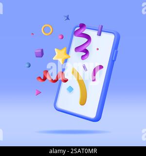 3D Party Confetti on Mobile Phone. Render Plasticine Confetti on Smartphone. Colorful Firecracker Elements in Various Shapes. Party Holyday Surprise or Birthday Events. Vector Illustration. 3D Party Confetti on Mobile Phone Stock Vector
