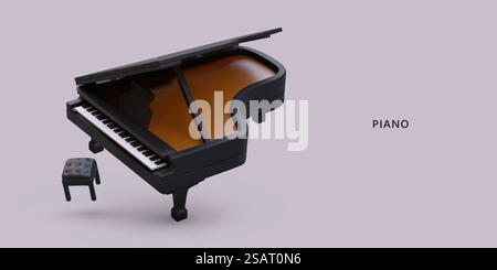 Open realistic grand piano, stool, top view. Large keyboard musical instrument for stage performances. Commercial color poster, place for text. Classical music. Open realistic grand piano, stool, top view. Large keyboard musical instrument Stock Vector