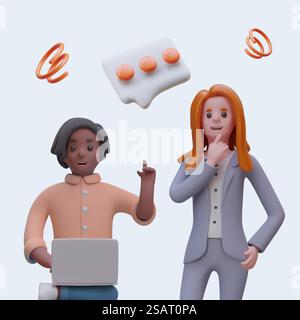 Young American man holding laptop and sharing new idea with female worker. Employees generating new ideas for business. Teamwork concept. Vector illustration in 3d style. Young American man holding laptop and sharing new idea with female worker Stock Vector
