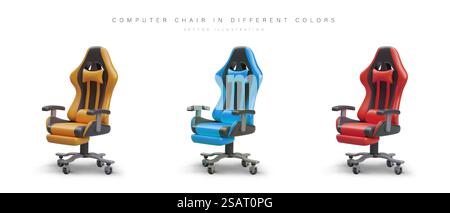 Set of realistic computer chairs of different colors. Ergonomic gamer furniture. Comfortable chair with armrests, headrest, wheels. Vector illustration on white background. Set of realistic computer chairs of different colors. Ergonomic gamer furniture Stock Vector