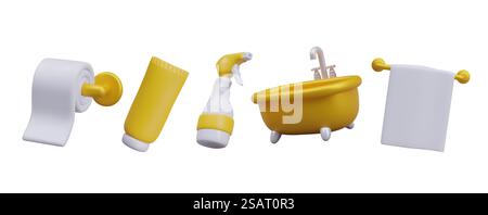 Collection of different accessories for bathroom. 3d realistic bath, cosmetic, hanging toilet paper and towels. Self-care, cleaning and washing concept. Vector illustration in 3d style. Different accessories for bathroom. 3d realistic bath, cosmetic, hanging toilet paper and towels Stock Vector