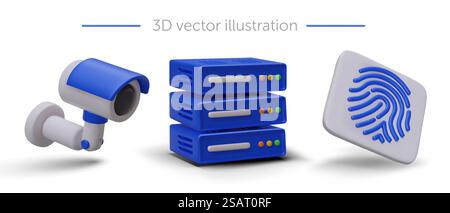 3D surveillance camera, server, fingerprint. Personal access to archive, password. Digital security system. Control of user activity. Set of blue vector icons. 3D surveillance camera, server, fingerprint. Personal access to archive Stock Vector