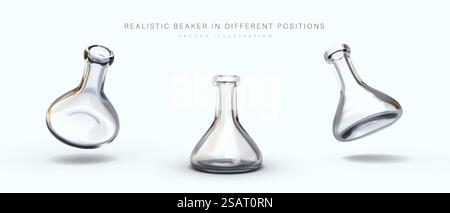 Realistic transparent laboratory beaker. Empty triangular conical flask, view from different sides. Vector image on white background. Icons for web design. Realistic transparent laboratory beaker. Empty triangular conical flask Stock Vector