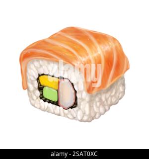 Realistic sushi roll illustration with salmon, avocado and crab isolated on white background. Vector tracing eps10 Stock Vector